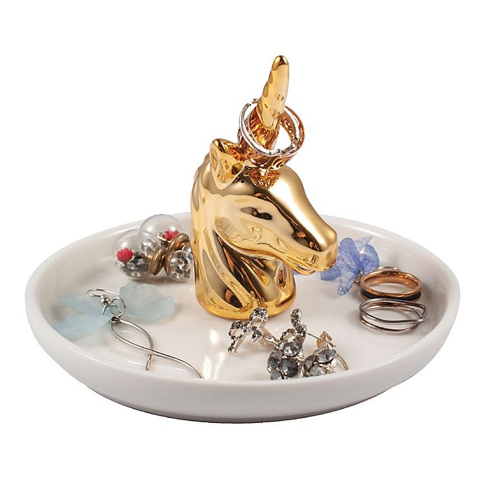 Zodaca Gold Ceramic Ring Holder, Handmade Jewelry Organizer Tray Trinket Dish for Vanity, Unicorn