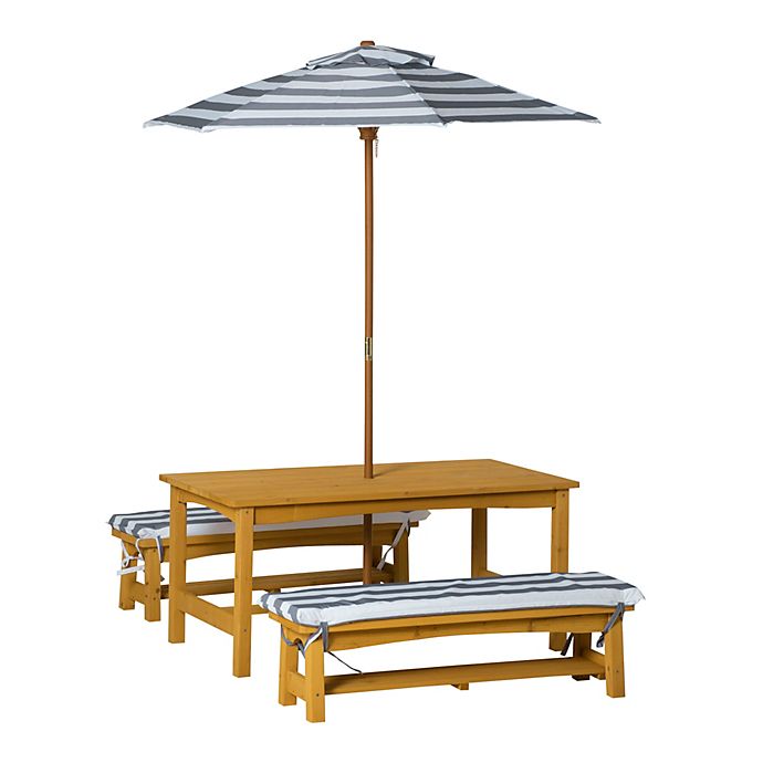 Outsunny Kids Wooden Table Bench Set, Childrens Wooden Picnic Table With Umbrella