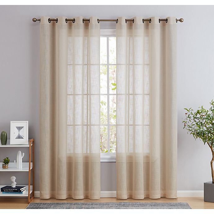 THD Serena Faux Linen Textured Semi Sheer Privacy Sun Light Filtering Transparent Window Grommet Long Thick Curtains Drapery Panels for Bedroom & Living Room, 2 Panels (54 W x 108 L, Beige)