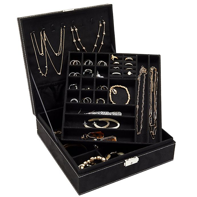 Display Case for Men or Two Layer Black Jewelry Box Organizer with Lock and Key 
