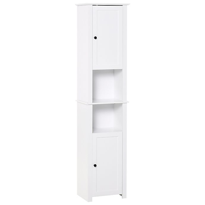 Tall Linen Tower Cabinet Organizer Storage Shelves Doors Bathroom Salon Wood 