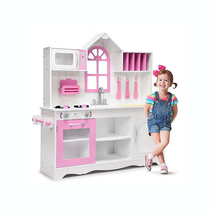 Kitchen Play Set For Girls Pretend Play Wooden Cooking Toy Set Toddler Kids Pink 
