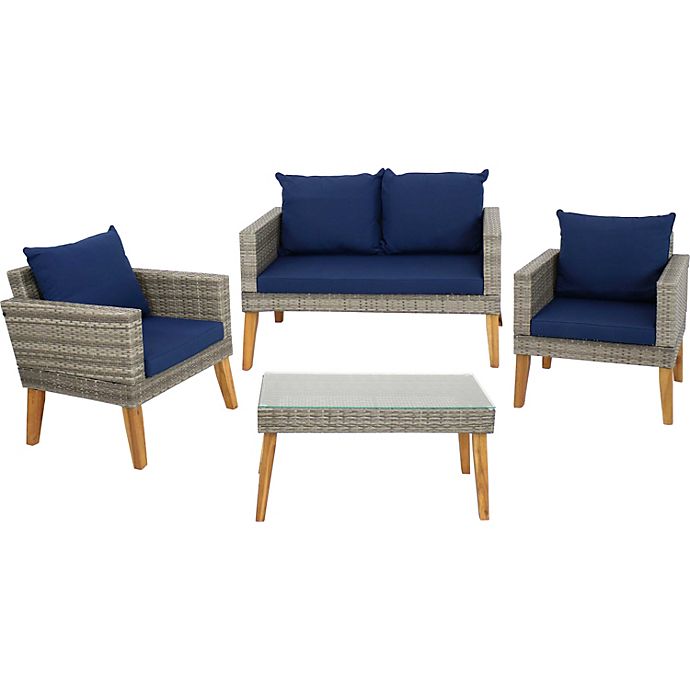 Set of Wicker Loveseat Settee & 2 Matching Chair Cushions Dark Blue Navy 