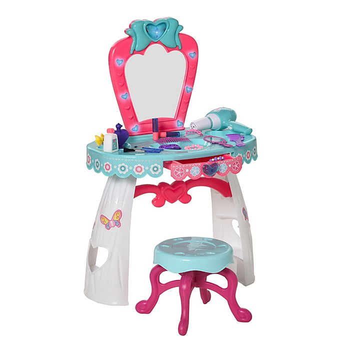Qaba 25 Pcs Kids Vanity Dressing Table, Little Girl Vanity Mirror With Lights