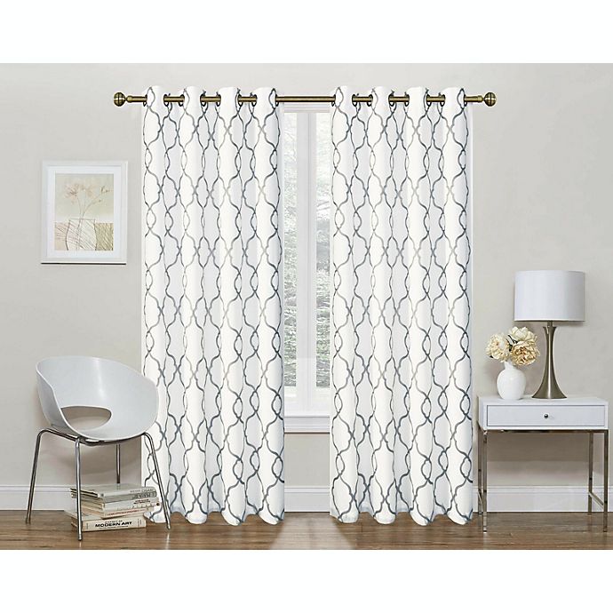 Kate Aurora 2 Pack Geo Trellis Double Layered Sheer Embroidered Grommet Curtains - 50 in. W x 63 in. L, White/Gray