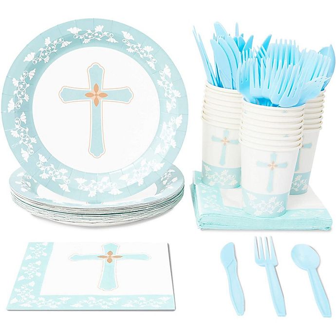 Christening Blue Tableware Plates Cups Napkins Tablecover Baptism Party 