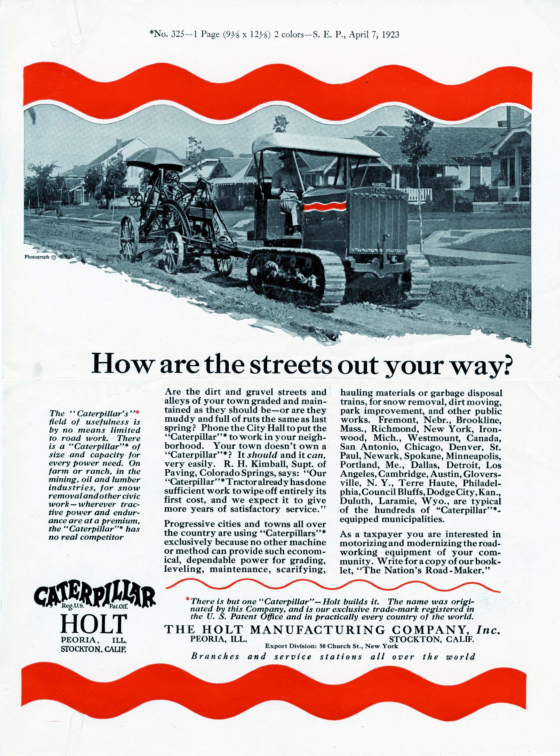 Publicité pour Holt Caterpillar, 1923