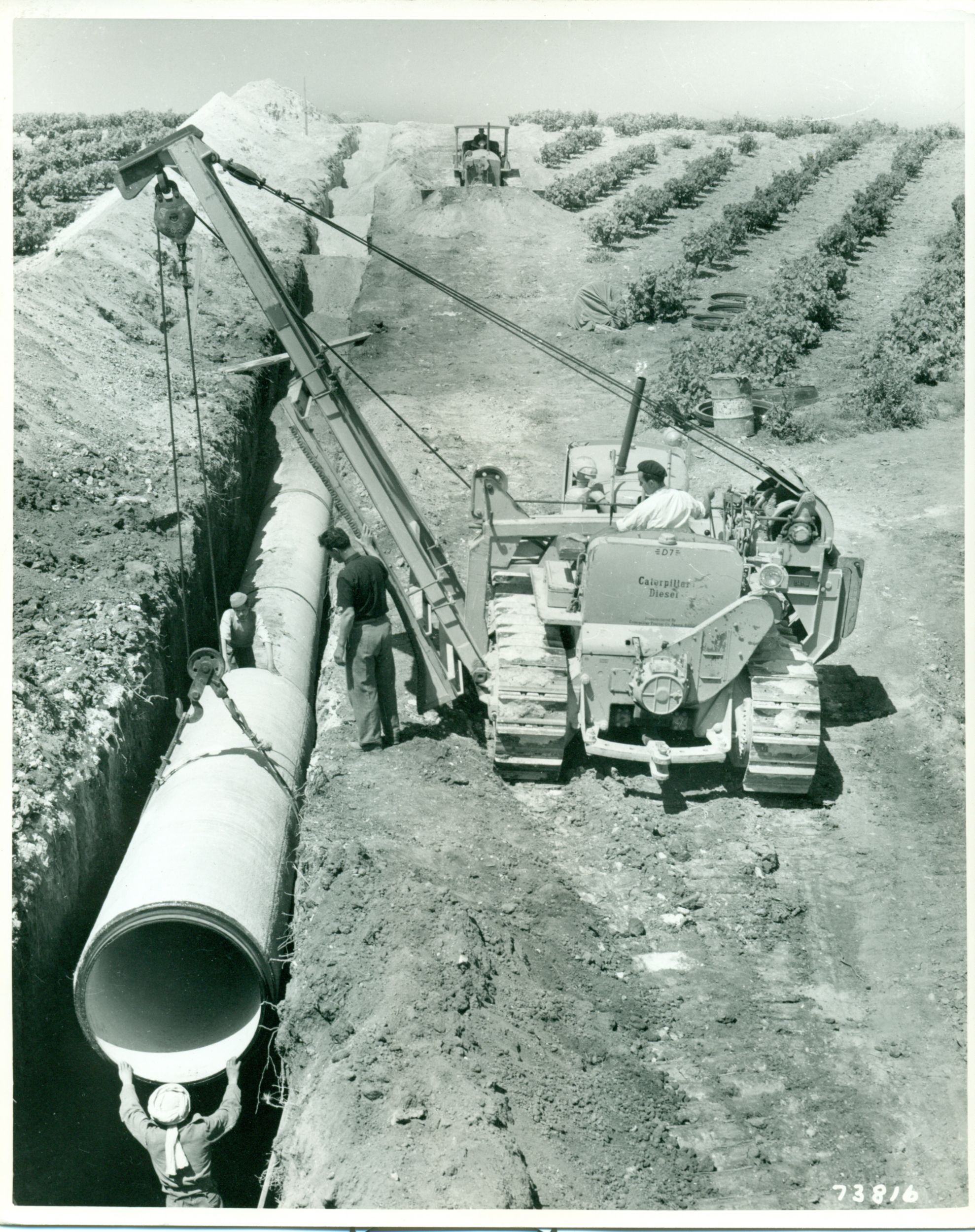 Um trator D7 da Caterpillar com um acessório assentador de tubos na África do Norte, 1950. 