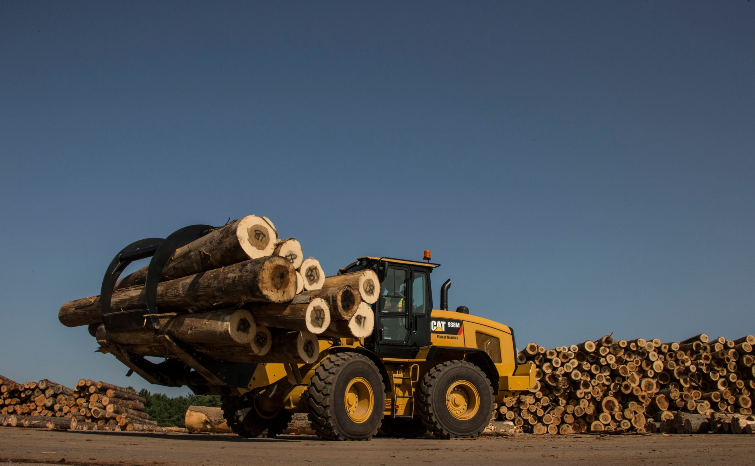 product-Cat® 938M Small Wheel Loader and Sorting Grapple Forks at Work