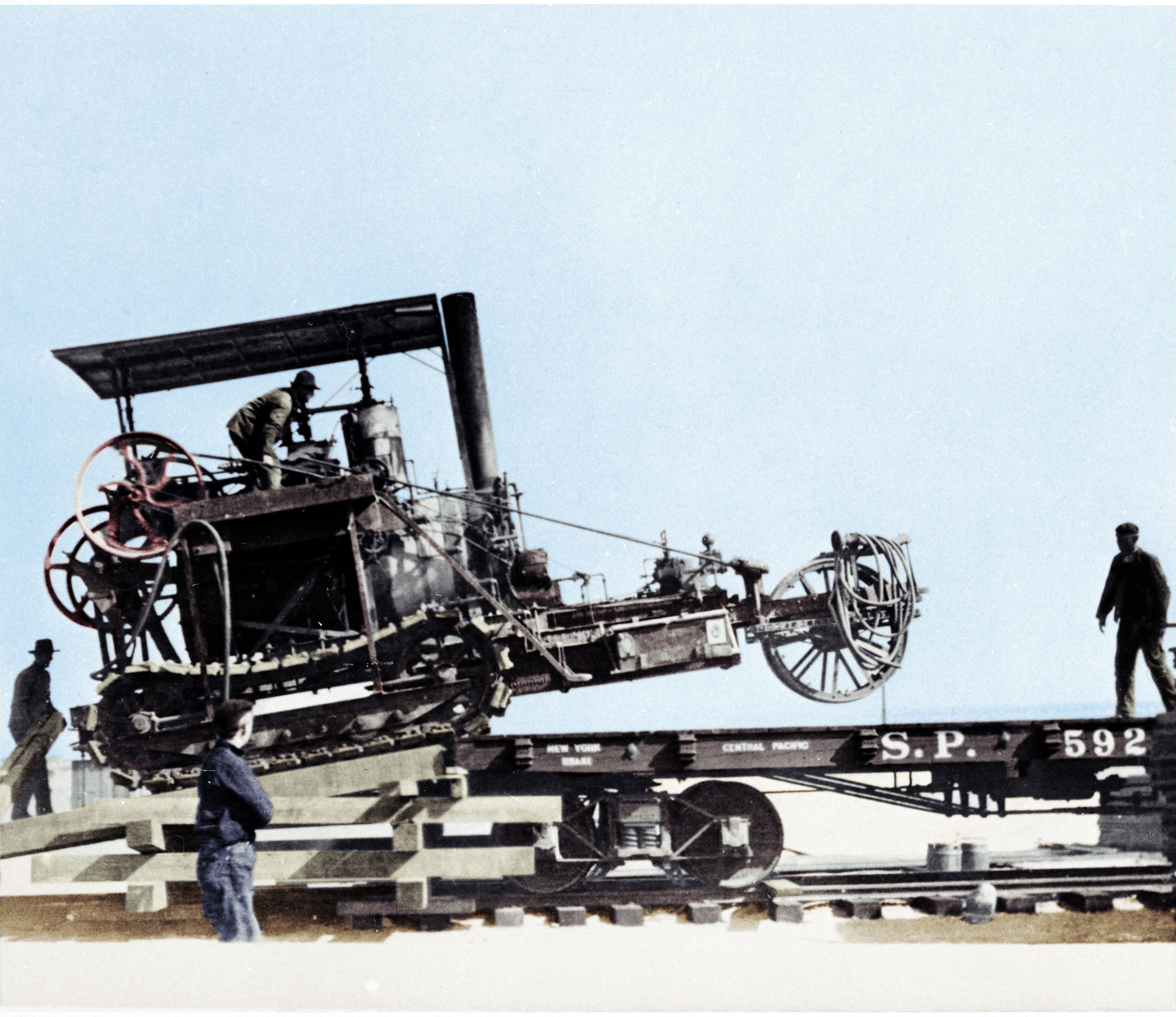 Colorized image of a Holt Caterpillar steam track-type tractor used to construct the Los Angeles Aqueduct, 1908.