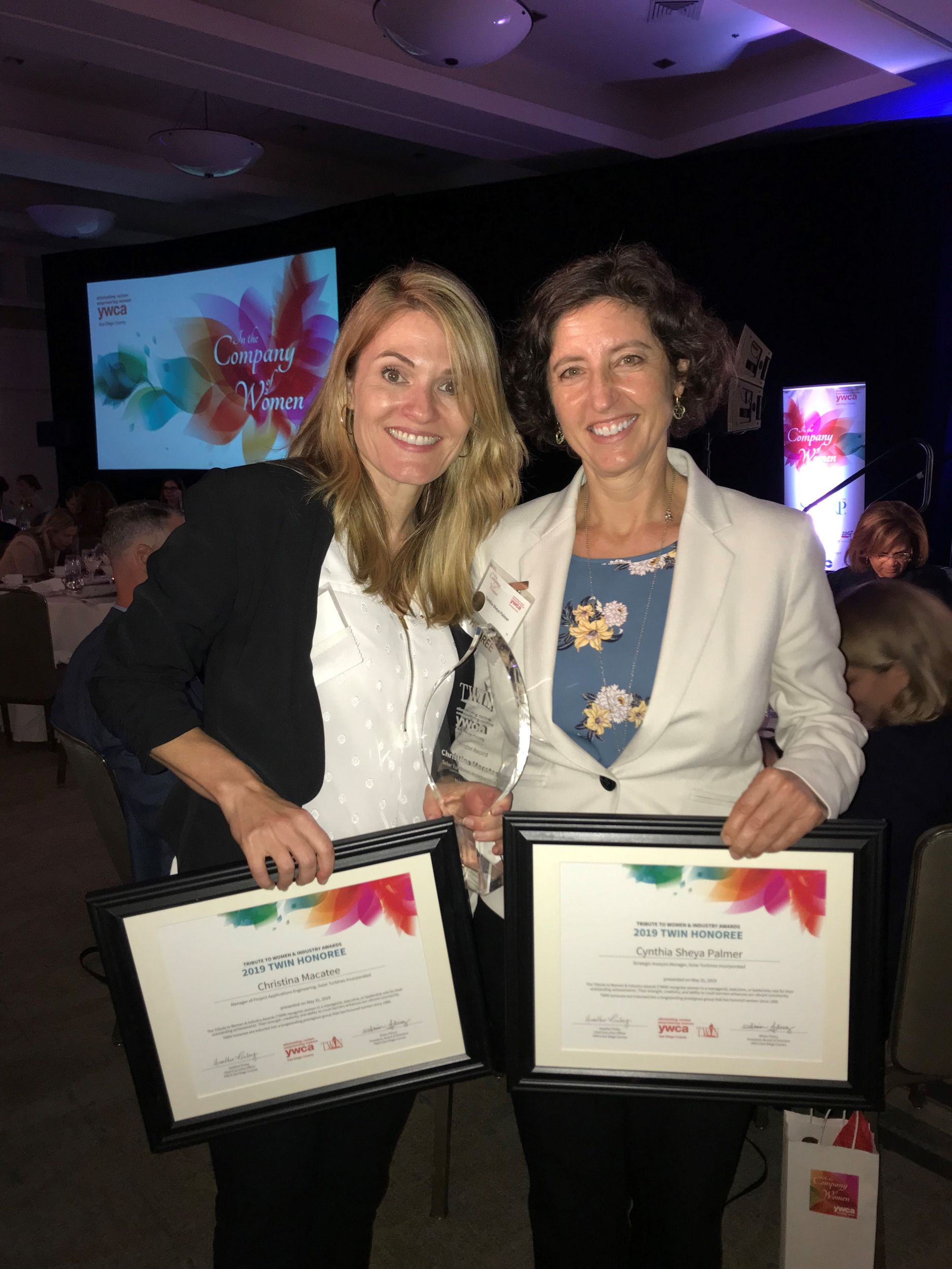 Christina Macatee and Cynthia Sheya with their Tribute to Women & Industry awards Solar Turbines