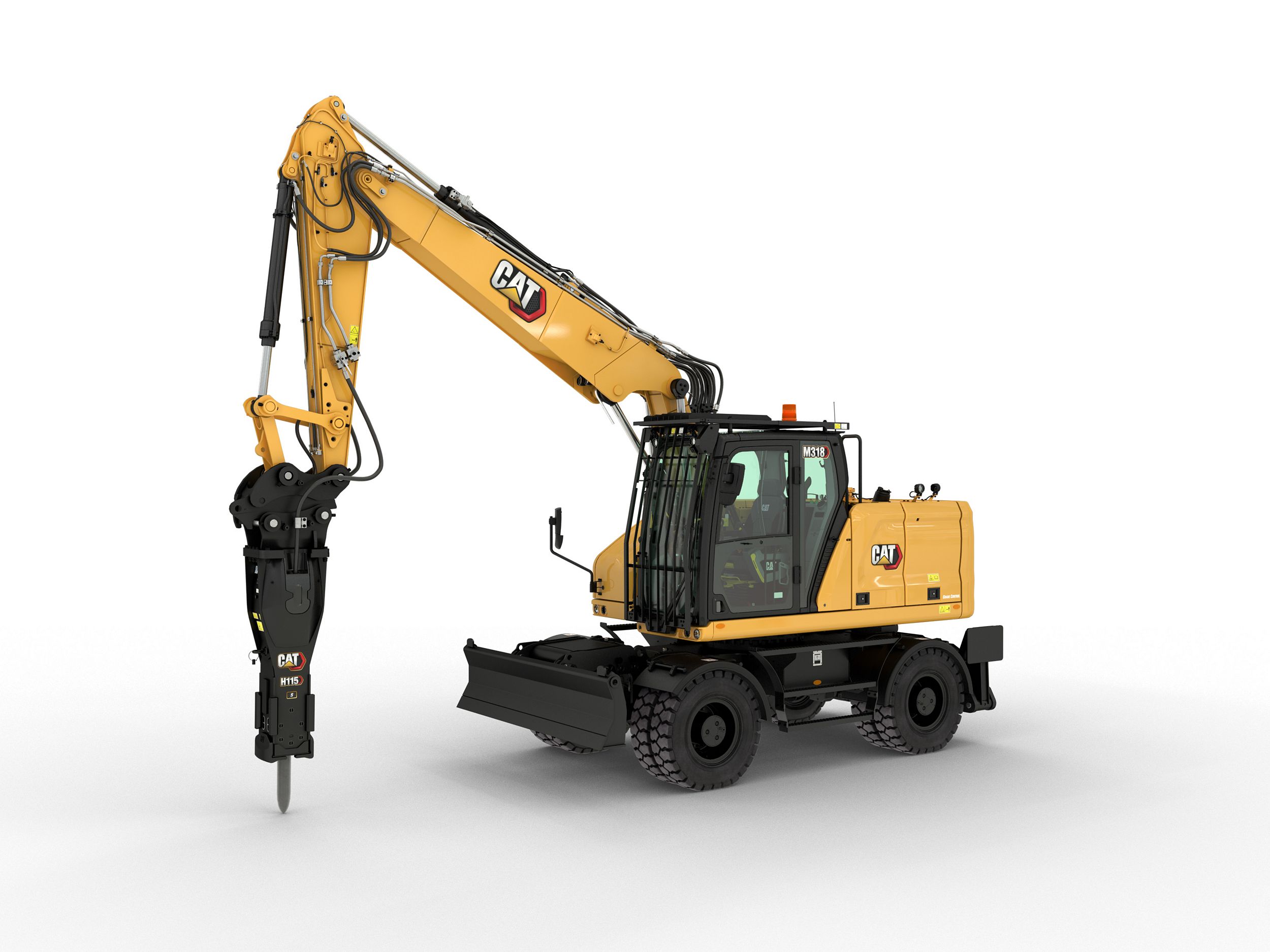 M318 Wheel Excavator equipped with a hammer
