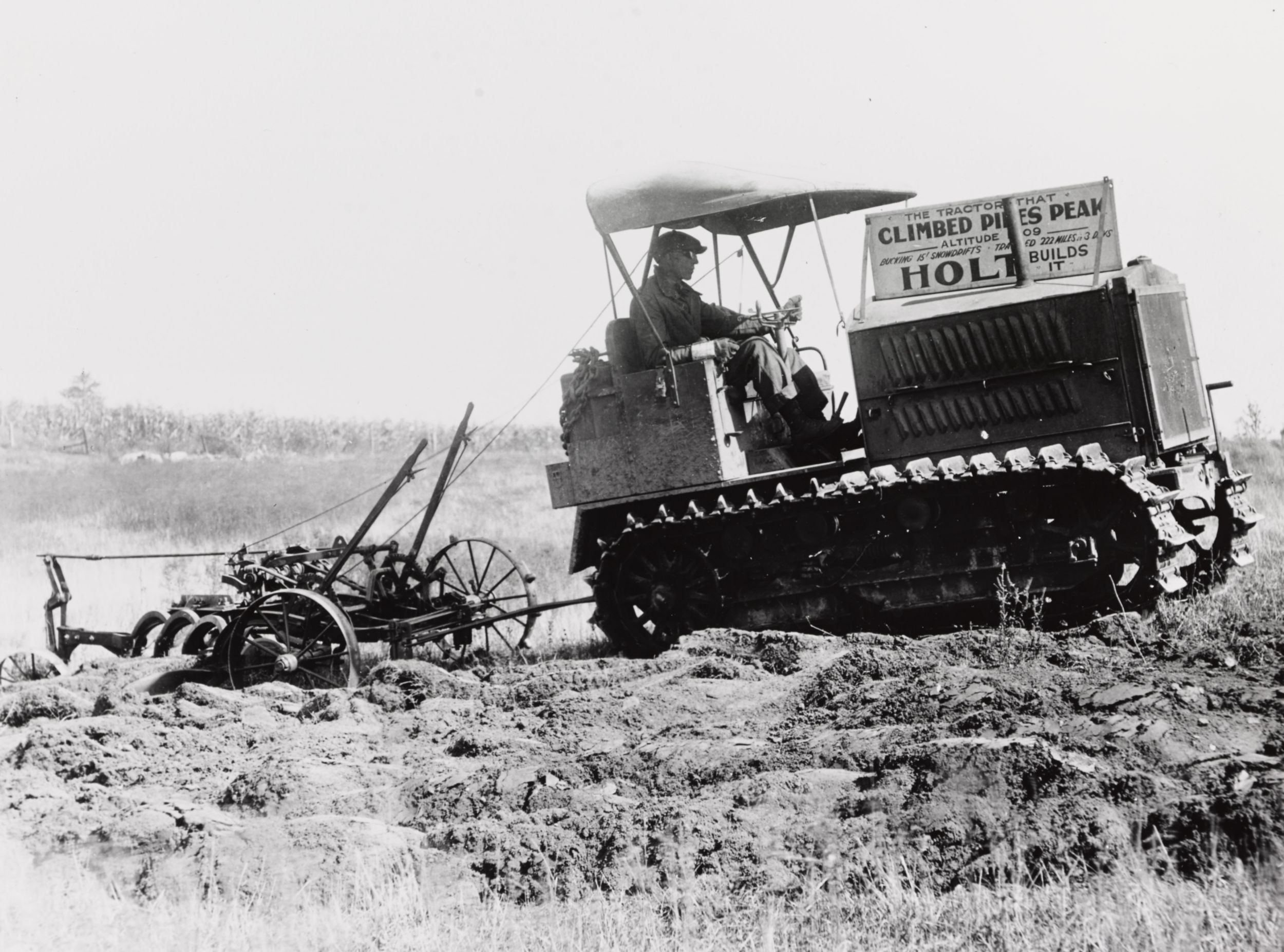 Holt 5-Ton tractor that climbed Pikes Peak performing a demonstration at an unidentified fair in 1919.