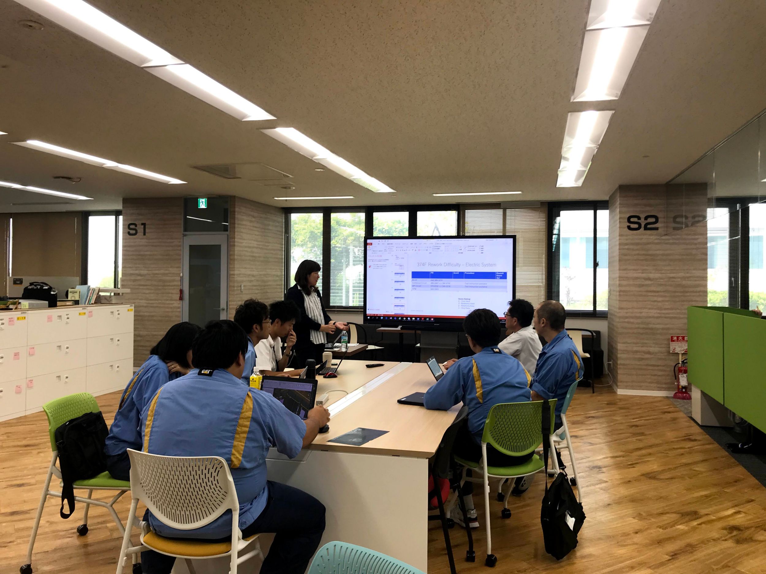 Employees sitting at table looking at screen