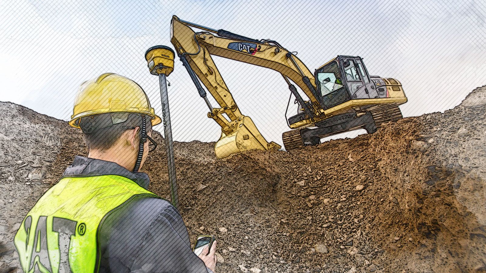 Worker and Cat Excavator on jobsite