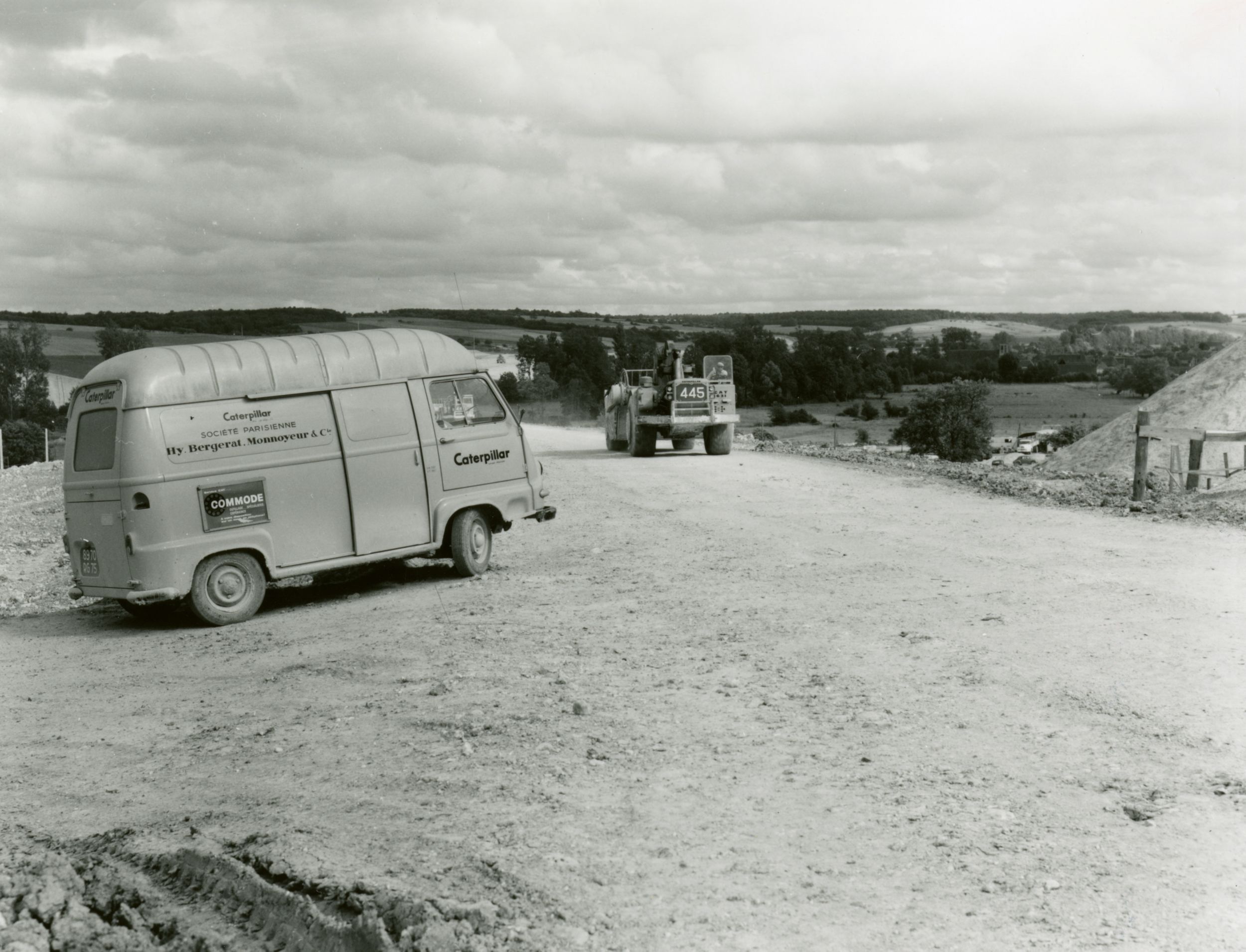 Service technician truck on a service call on a jobsite in France, ca. 1960. 