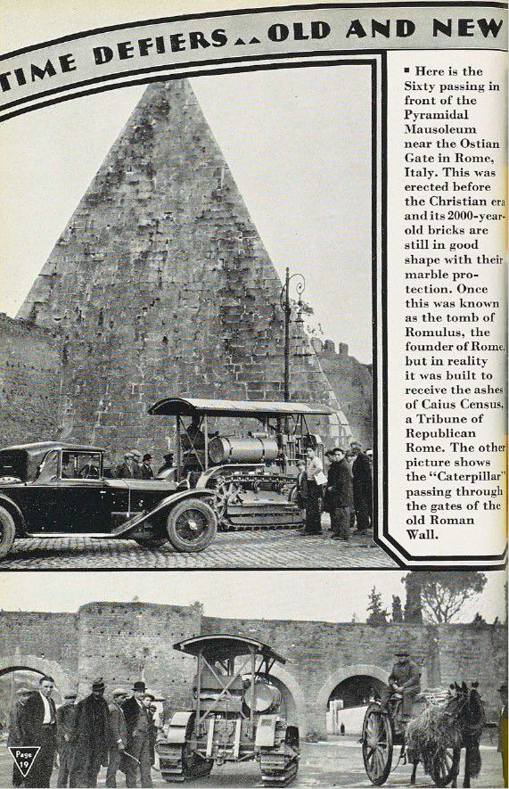 Caterpillar Sixty working next to the Pyramidal Mausoleum in Rome, 1931.