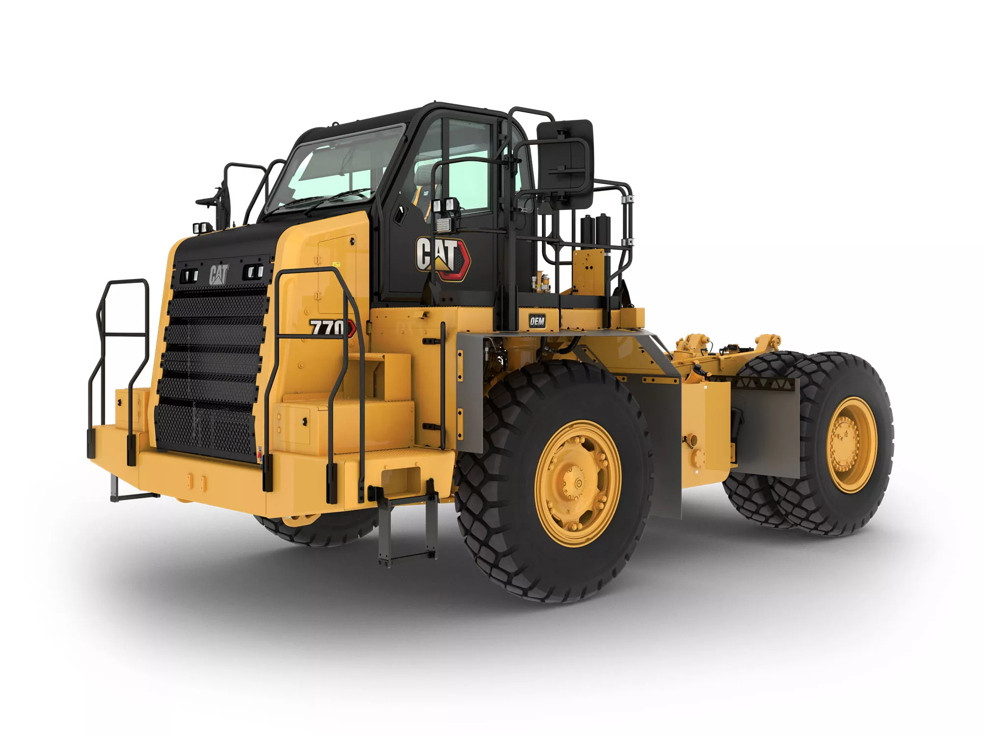 Cat 770-chassit är utrustat med de högre ROPS-certifieringsklasserna för traktorer som behövs för specialmaskiner, inklusive vattentruckar, bogsertraktorer och truckar med smörjolja och bränsle.