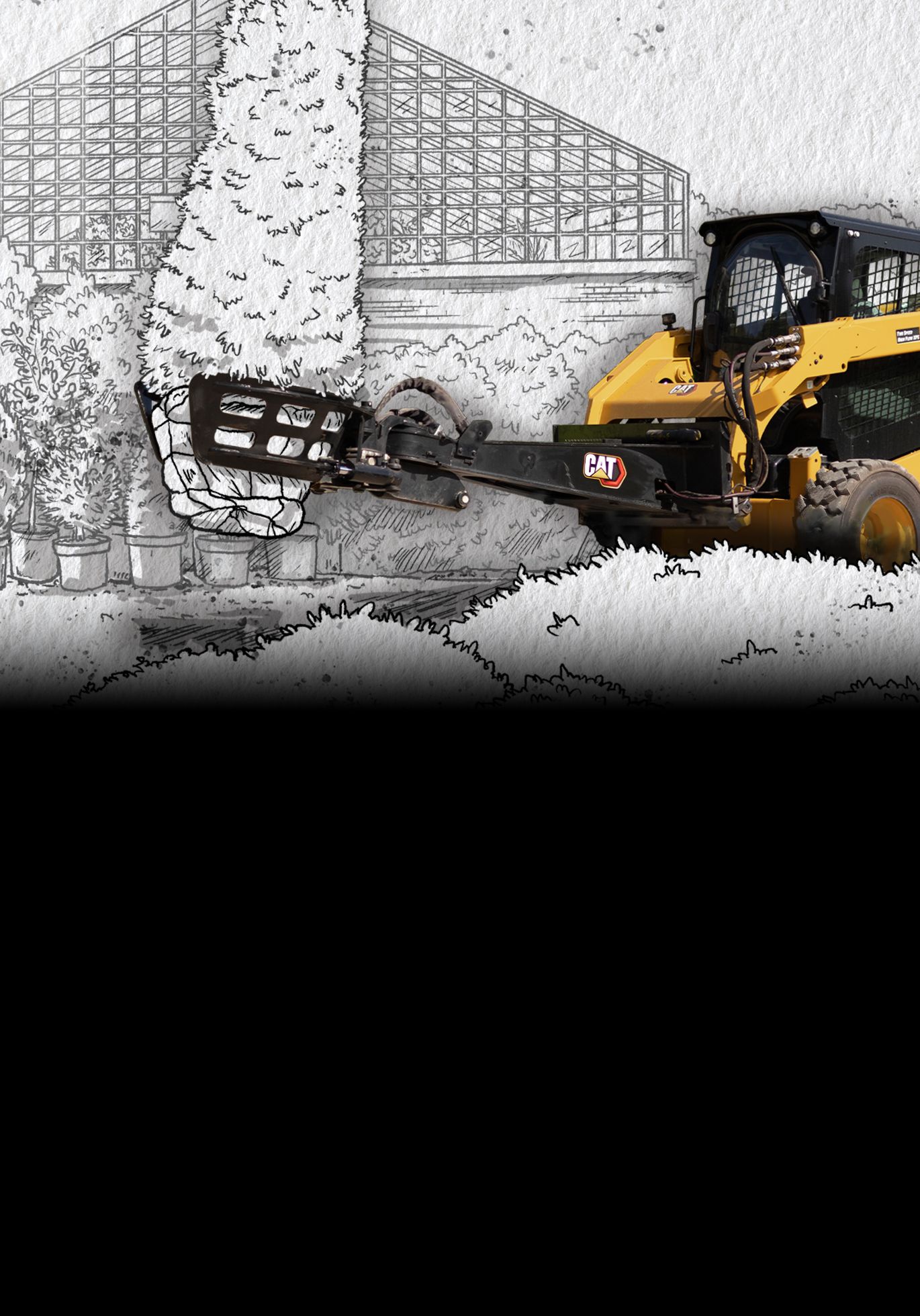 Skid steer loader picking up illustrated tree