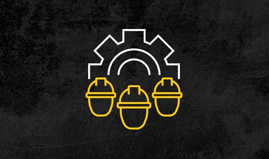 Icon showing three heads with hard hats in front of a gear