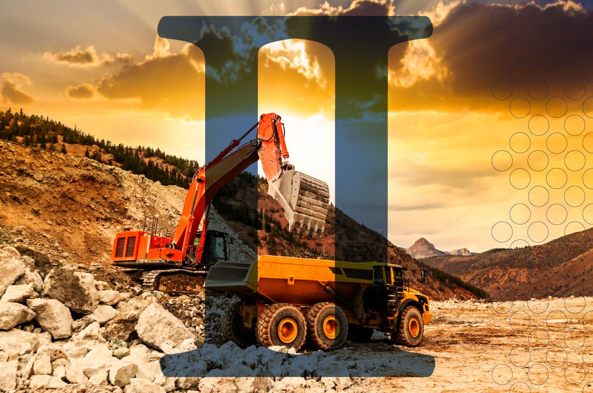 An industrial scene at sunset, featuring a digger and a truck on a rocky slope. The digger has its bucket and mechanical arm extended. The roman numerals ‘II’ are positioned in the foreground.