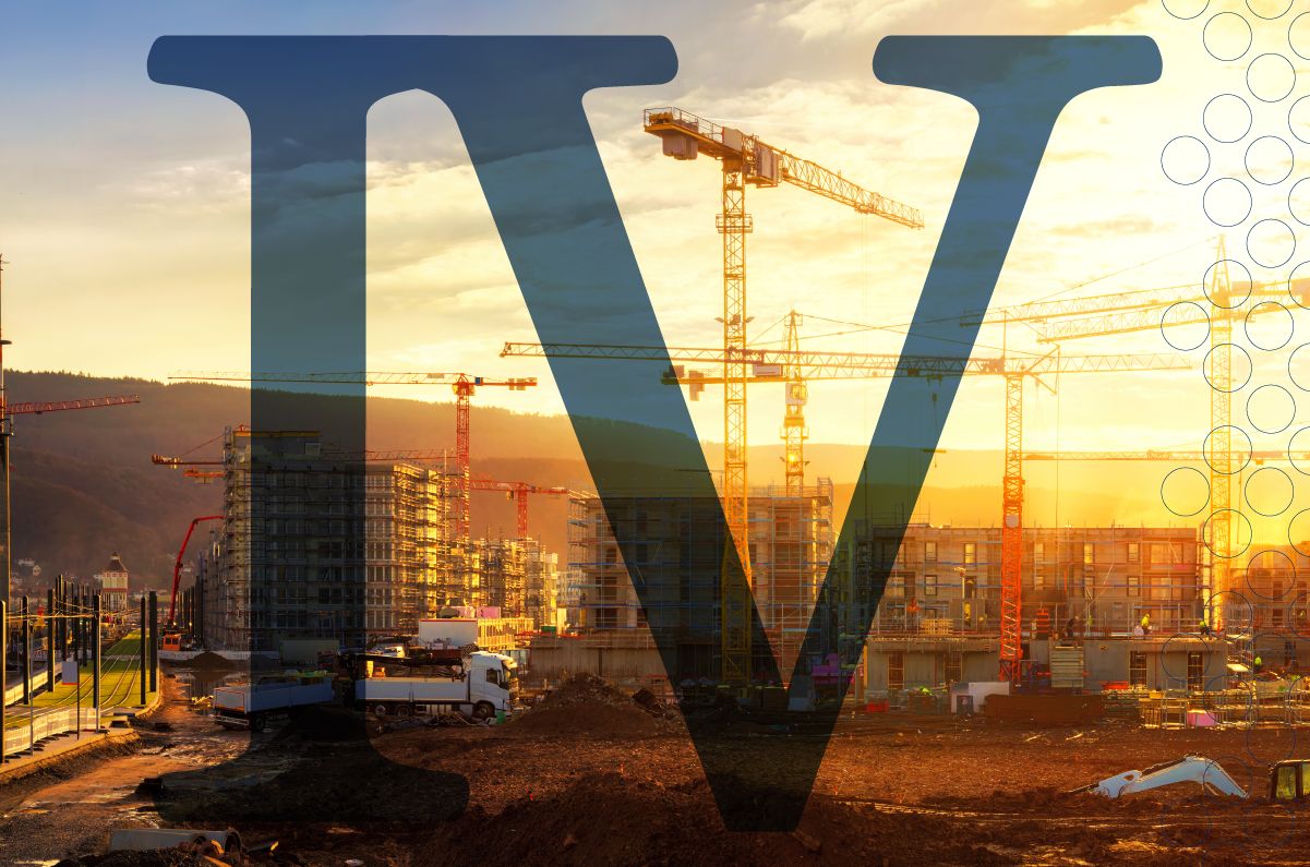 Landscape view of a large construction site at sunset featuring multiple red cranes, construction machinery and incomplete buildings. The roman numerals ‘IV’ are positioned in the foreground