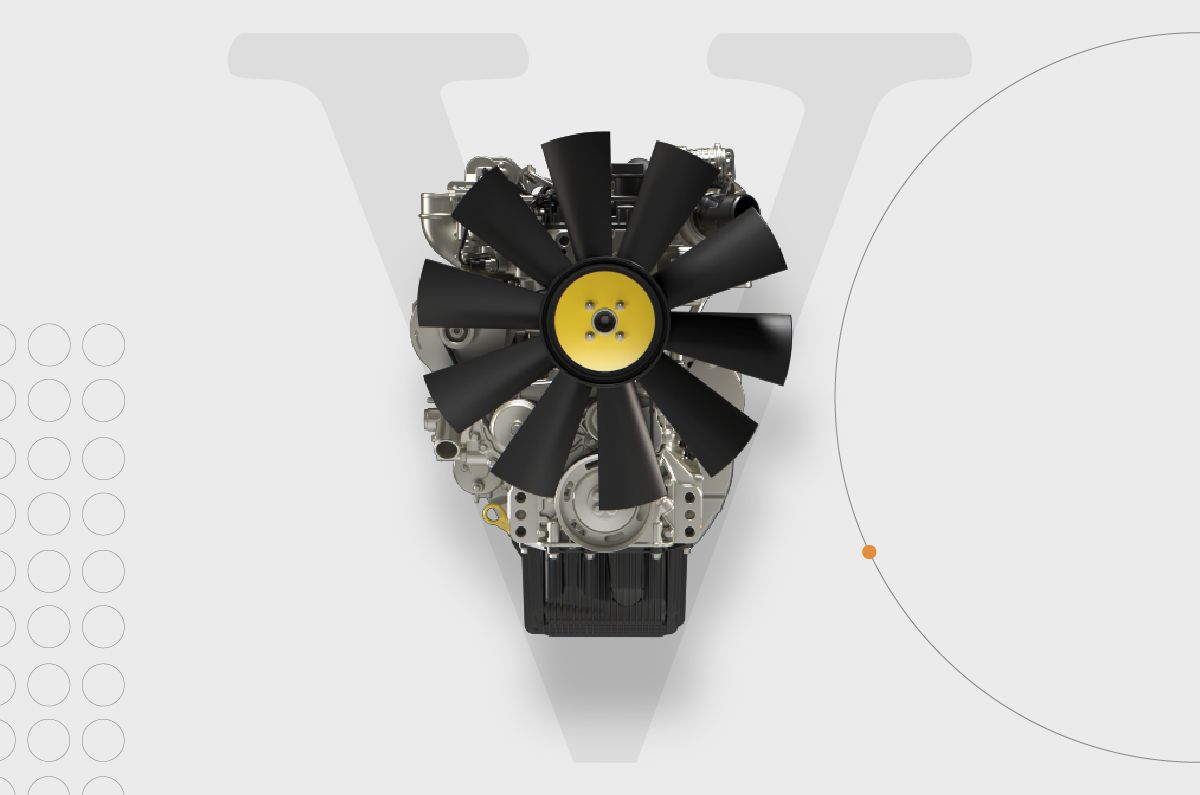 Front view of a metallic Series 9 combustion engine against a solid background. The engine’s fan is in the foreground, with shiny metal components behind it. The roman numeral ‘V’ is faintly visible in the background.