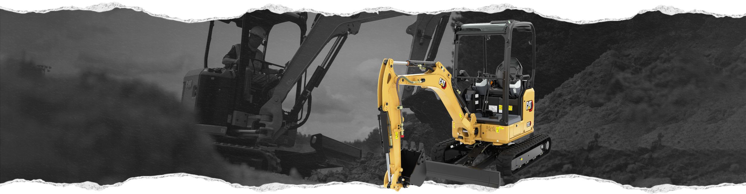 Mini excavator on black and white background
