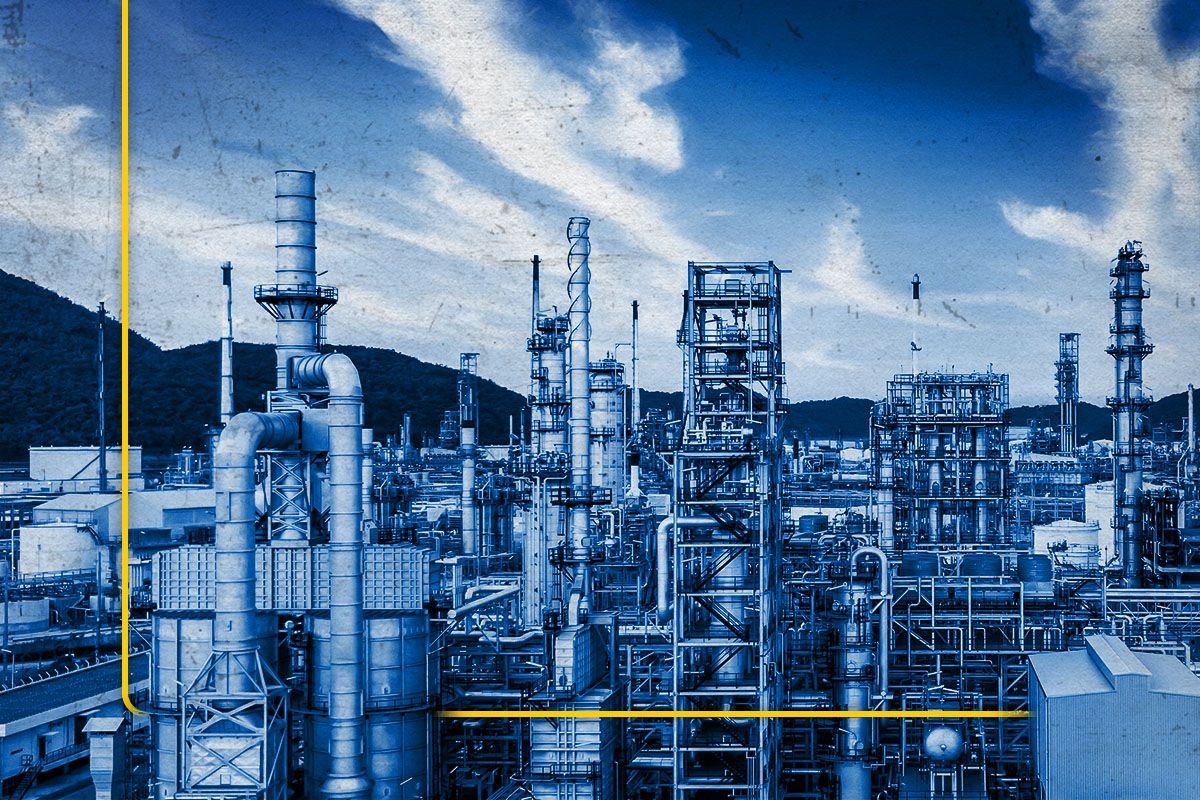 Oil field structures and equipment shaded in blue