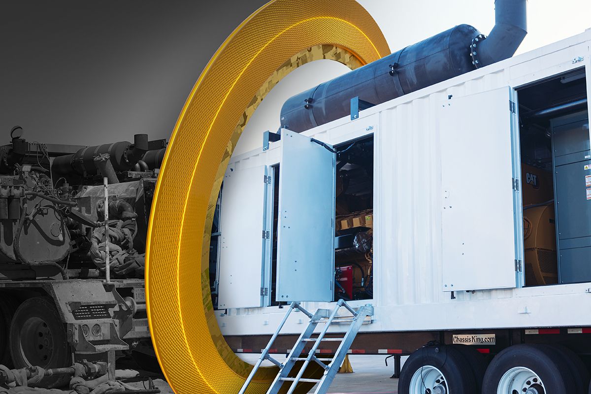 Close up of Cat trailer with hybrid energy parked on a jobsite with a yellow ring graphic around it