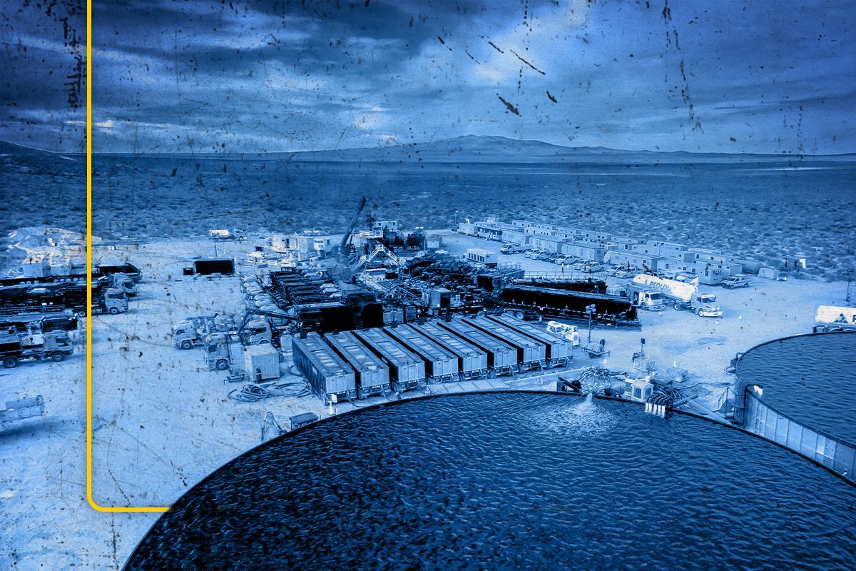 Wide view of an oil field shaded in blue