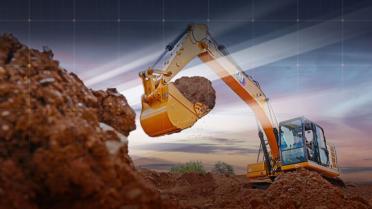 Excavator picking up dirt on a jobsite with graphic sun rays shining