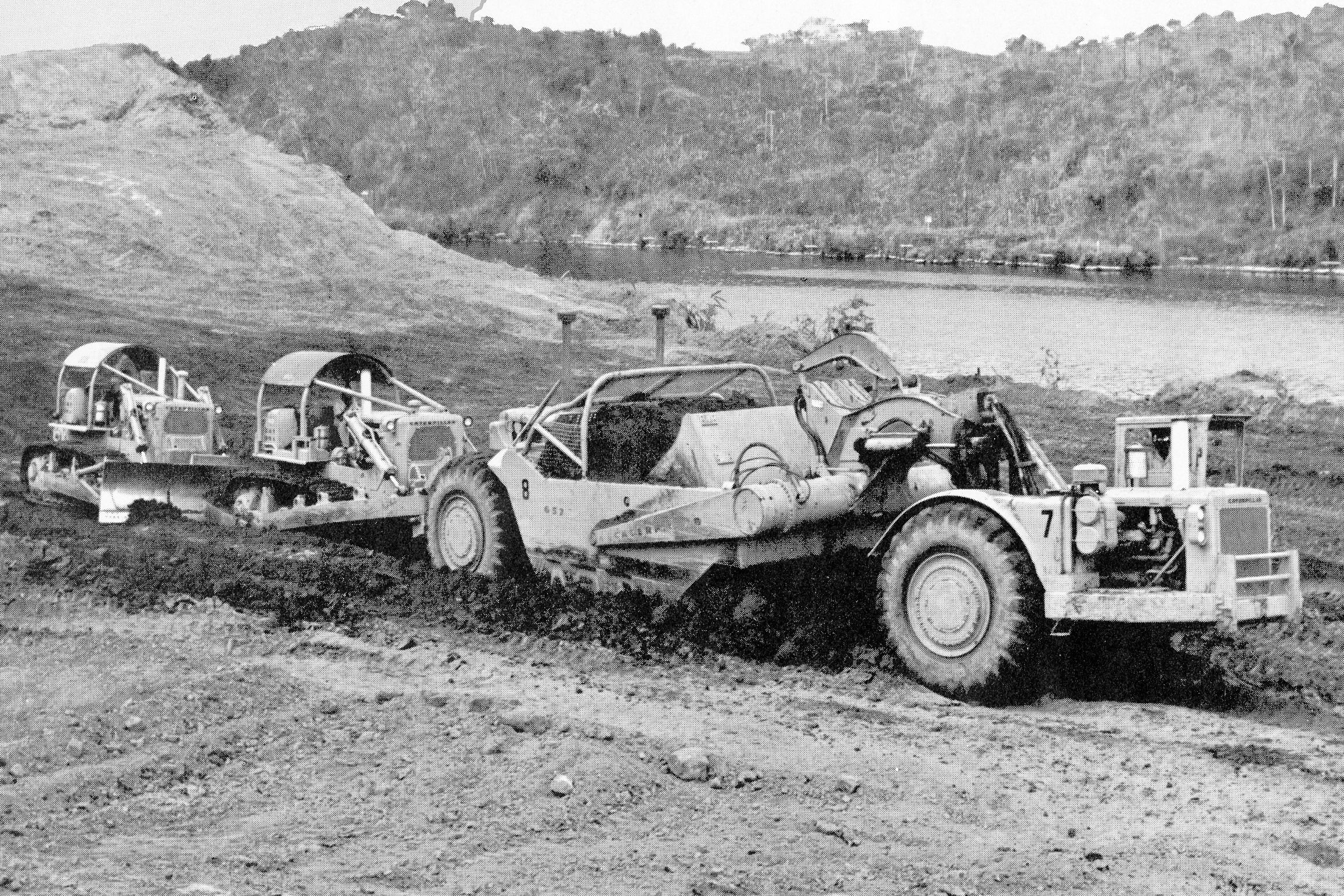 Dozers and scrapers work on the Panama Canal circa 1962.