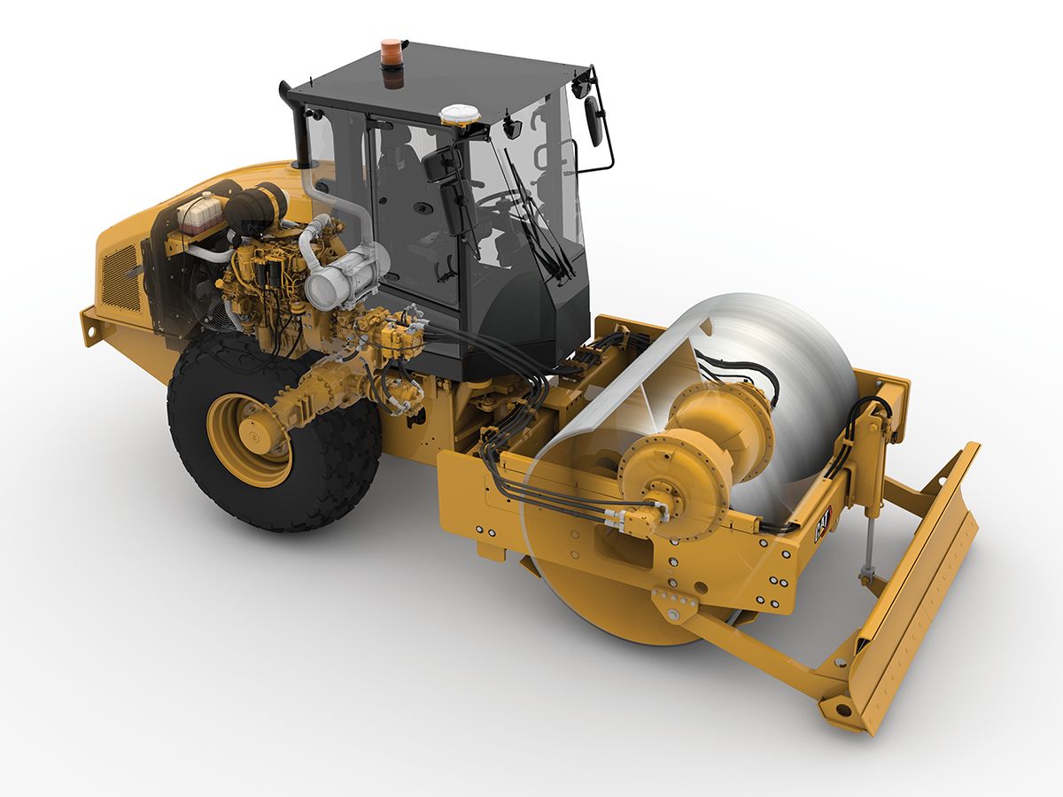 Powertrain system on Cat CS12 vibratory soil compactors