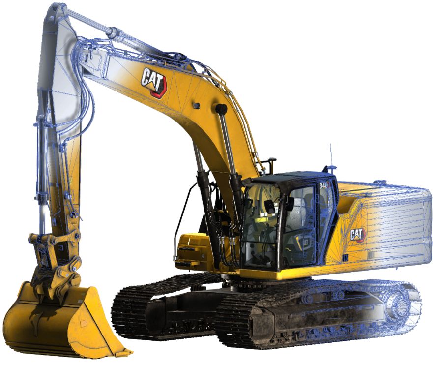 Image of an excavator with portions of the image displayed as design files