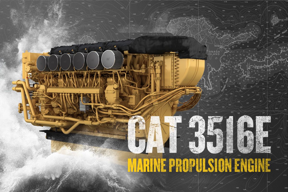 Cat 3516E Marine Propulsion Engine against a drawing of a nautical map and a gray background