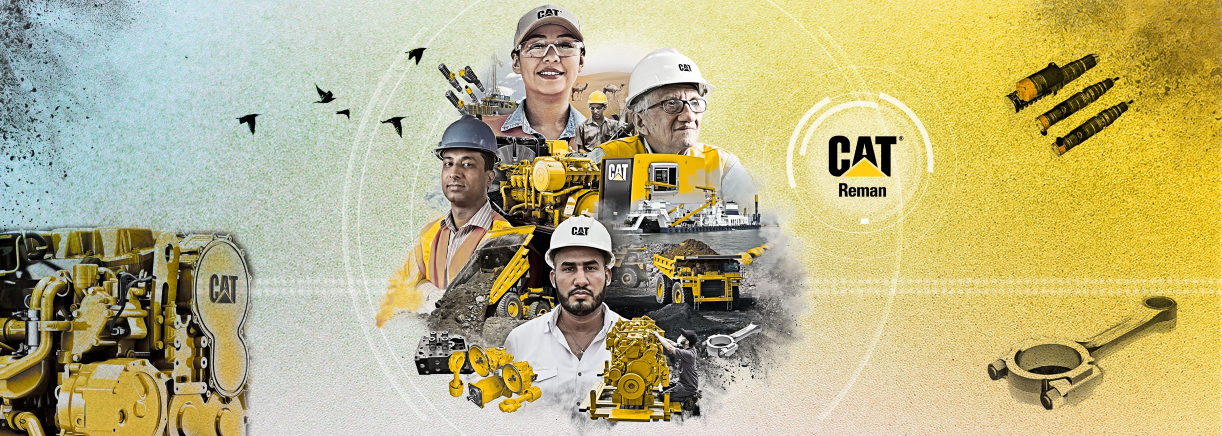 Фраза «Cat® Reman» стоит рядом с коллажем, на котором четко изображены четыре человека — трое в СИЗ и один в кепке Cat, а также восстановленные детали Cat и оборудование Cat на рабочей площадке.