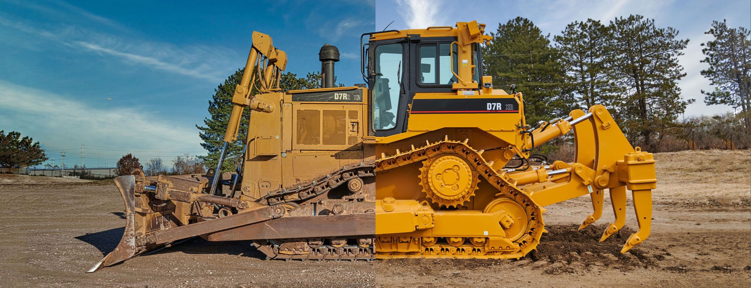 Split image of a heavily used dozer and a remanufactured dozer.