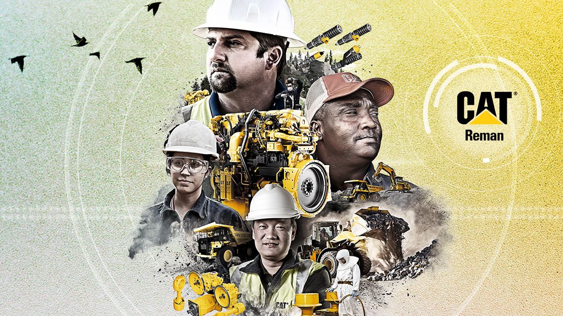 Collage of Cat workers and machinery on gradient background with Cat Reman graphic