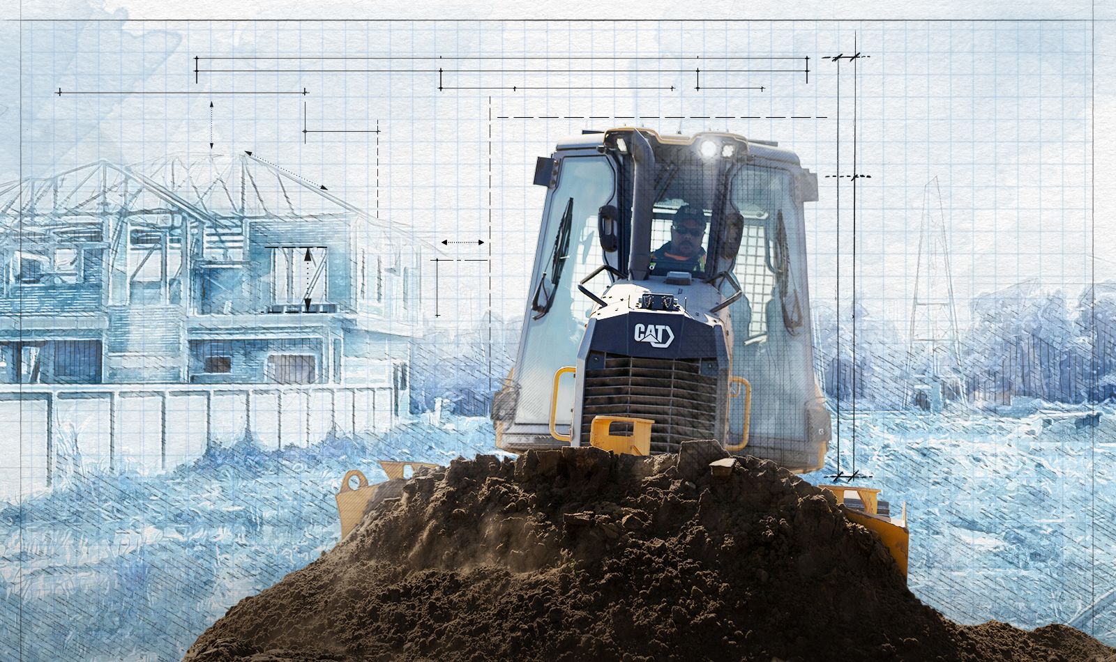 D3 Cat dozer pushing dirt with graphic background