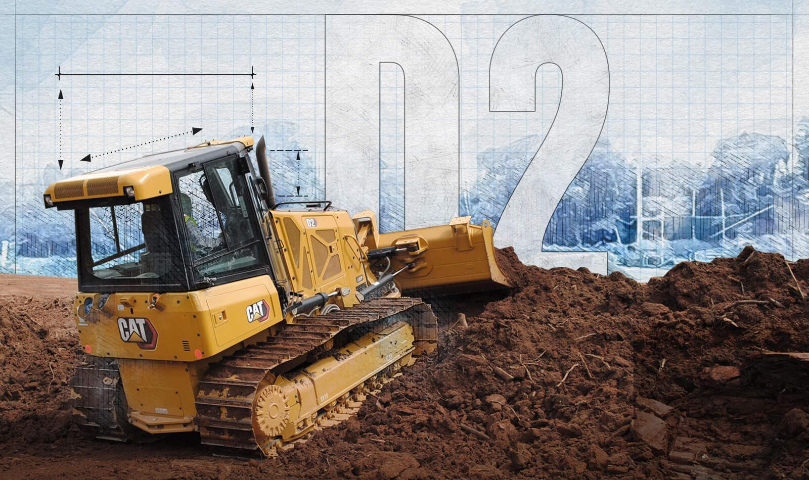 D2 dozer pushing dirt with graphic background