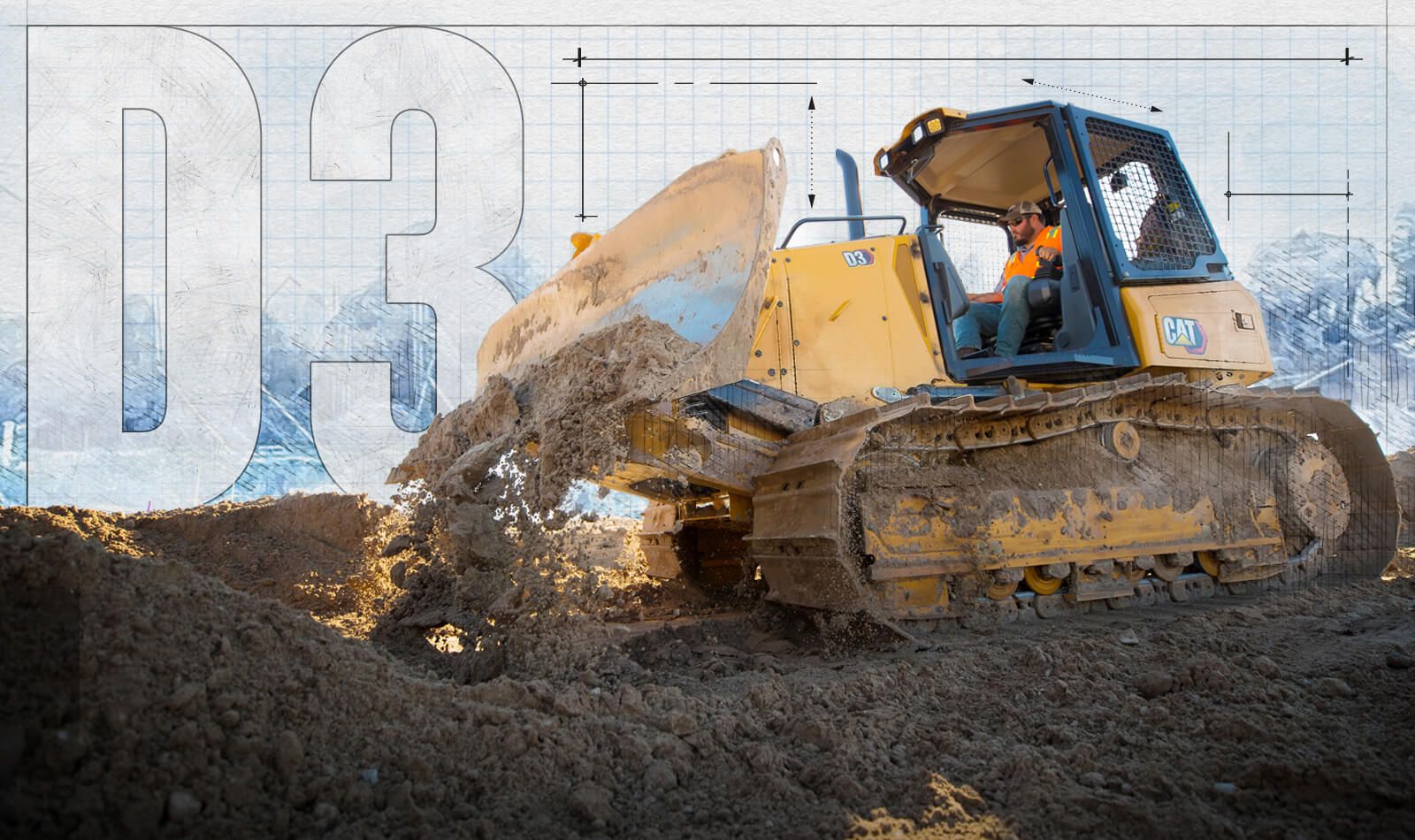 D3 dozer pushing dirt with graphic background