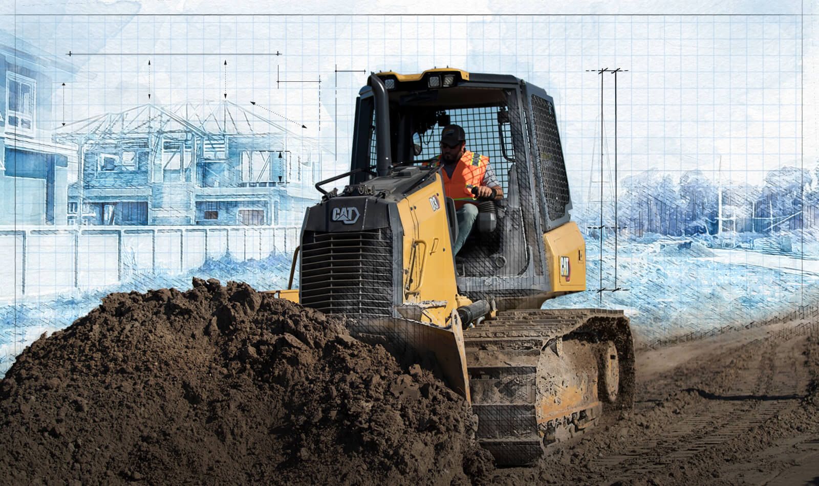 D3 dozer pushing dirt with graphic background