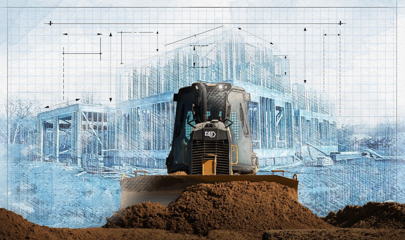Cat dozer pushing dirt with graphic background