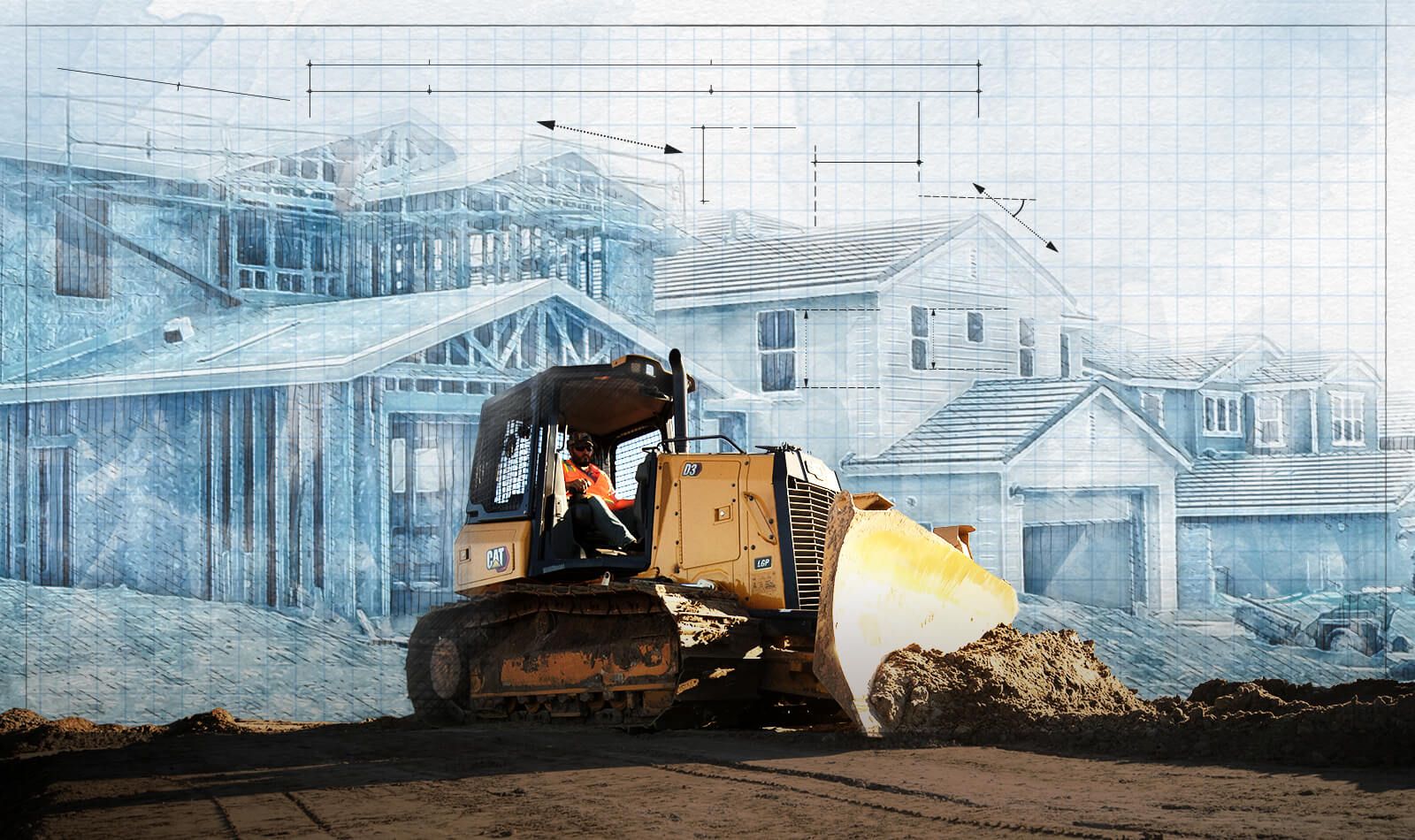 Cat dozer pushing dirt with graphic background