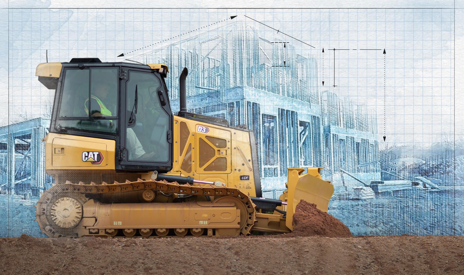 D3 dozer pushing dirt with graphic background