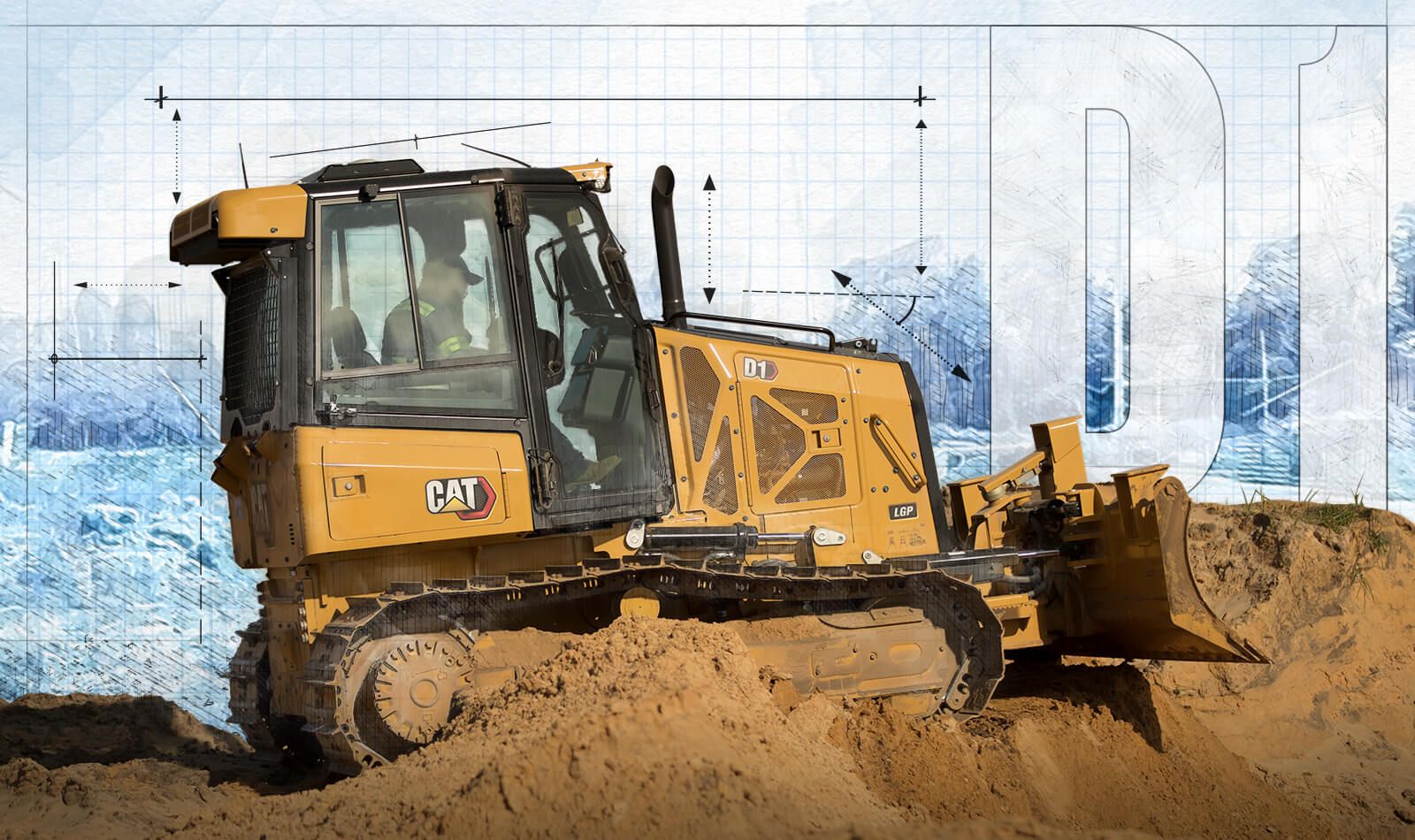 D1 dozer pushing dirt with graphic background