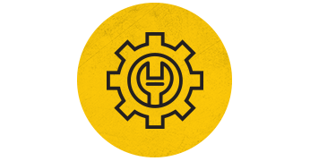 wrench inside of a gear icon on yellow circle
