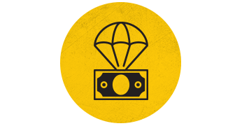 currency attached to parachute icon on yellow circle