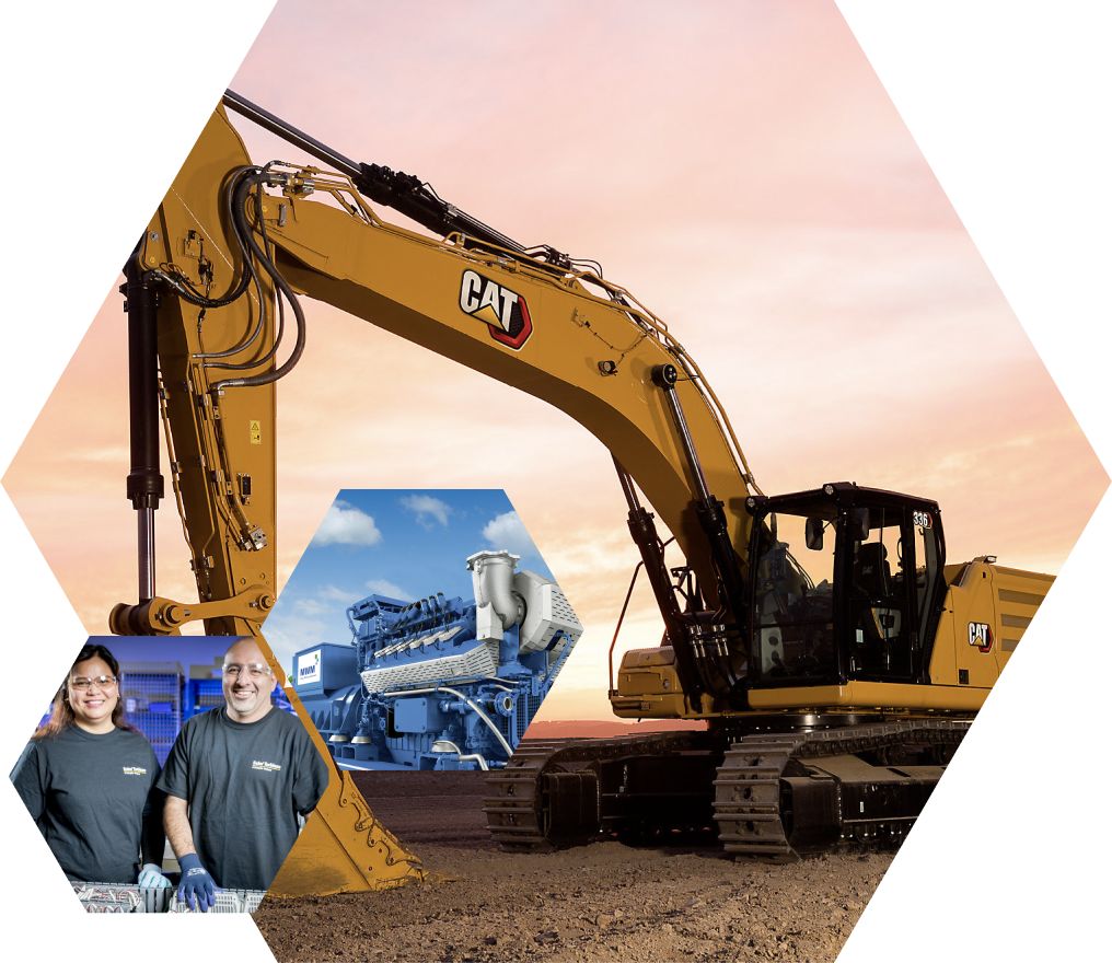 A male and female employee and an engine in front of a Cat excavator